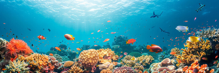 Obraz na płótnie Canvas underwater coral area with fish swimming around it, underwater blue sea