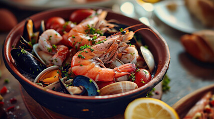 Seafood Bowl With Shrimp and Lemon Wedges
