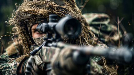 A camouflaged sniper lying in the field aiming through his scope
