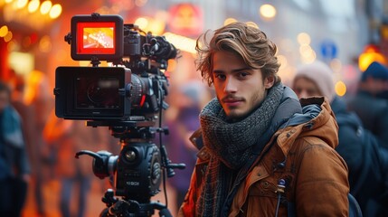 Young man with a camera on the background of a crowd of people on the street