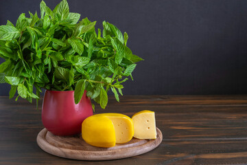 Fresh mint in red vase on wooden tray with Gouda cheese. Free space for text.
