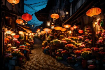 A flower market in an alley at night with pretty lanterns