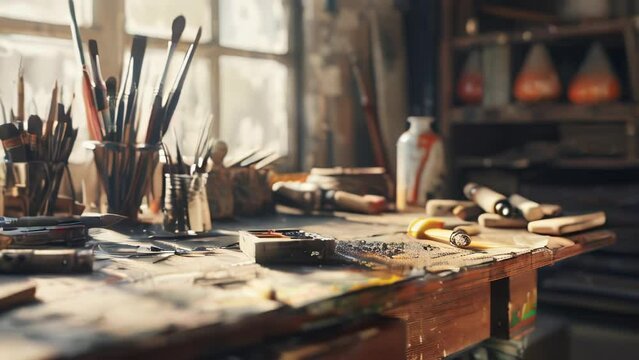 Old used drawing tools on a wooden table in an artist studio
