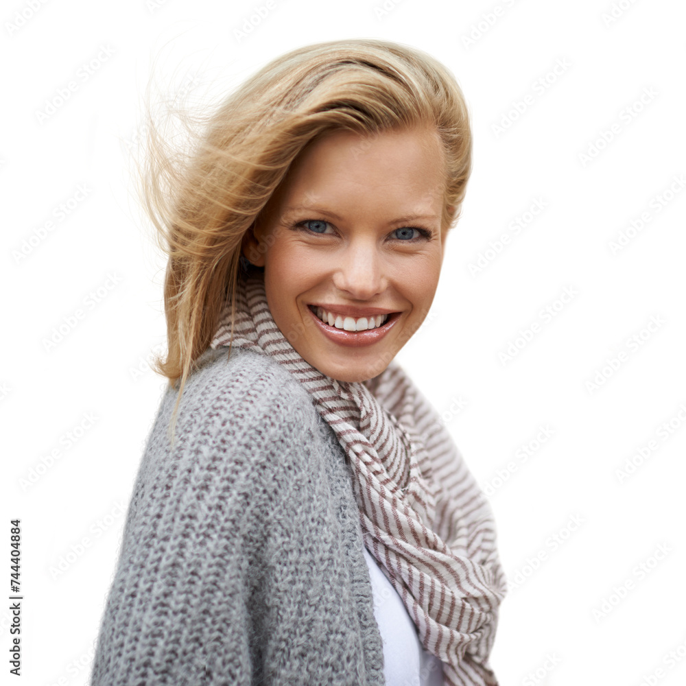 Poster Autumn, fashion and portrait of happy woman in studio, white background or mock up space. Casual, style and girl with a smile and positive attitude in cardigan, jersey and scarf to relax in Amsterdam