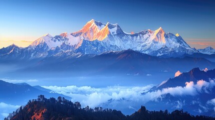 rugged mountain range dusted with snow, its peaks piercing the crisp blue sky