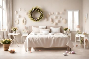 Interior of living room with Easter wreath, table and armchair