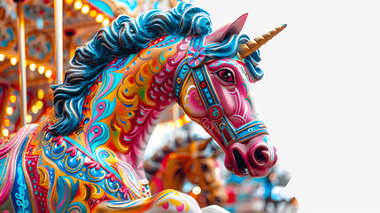 Merry-go-round horse with bright colors and a cheerful expression.