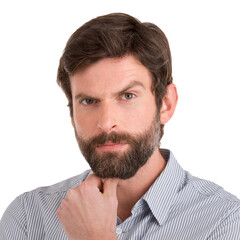 Fototapeta premium Thinking, portrait and business man in studio with solution, problem solving or planning on white background. Why, doubt or serious male entrepreneur with how to questions, emoji and guess face