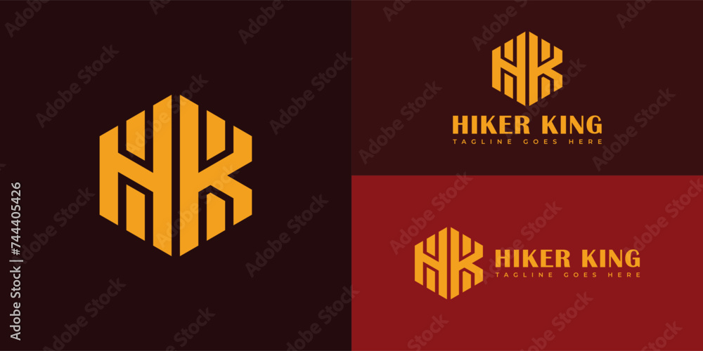 Poster hk or kh initial letters hexagon logo in gold color isolated on multiple red background. letter hk o