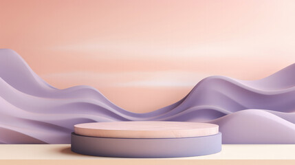 Soft pastel podium against a wavy lilac backdrop, ideal for elegant product showcasing.