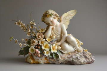 figurine of an angel with flowers, marble angel sitting on a stone with flowers, generative ai