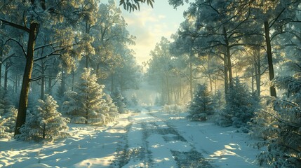 winter with tall pine trees blanketed in freshly fallen snow. Sunlight filters through the branches, casting a soft glow on the white landscape