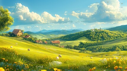 countryside with rolling hills blanketed in emerald green grass and dotted with quaint farmhouses and barns - obrazy, fototapety, plakaty