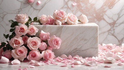 a marble block surrounded by pink roses