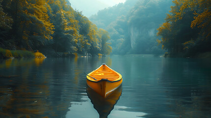 Kayaking boat on an idyllic mountain lake with beautiful view AI Image Generative. AI Image Generative - obrazy, fototapety, plakaty