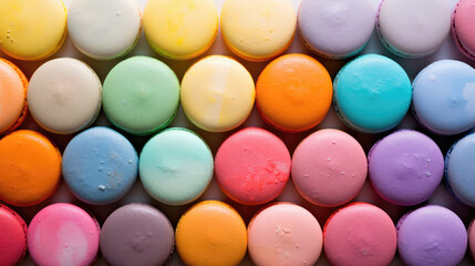 Fototapeta na wymiar A top down view of a vibrant array of colorful macarons neatly aligned in rows.
