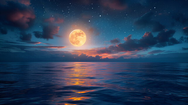 Romantic and Scenic Panorama with Full Moon on Sea - Serene Night Landscape - Generative Ai