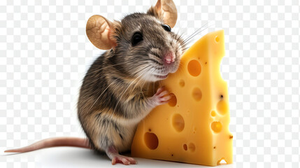Mischievous mouse holding a wedge of cheese with glee.