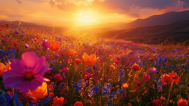 vast meadow bursting with a riot of colors as wildflowers blanket the landscape. Imagine the golden glow of sunlight filtering through the swaying grass