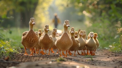 Farmer walking with his ducklings on a farm in the countryside