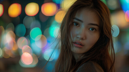A close-up portrait of a young woman with tousled hair and a penetrating gaze against a backdrop of colorful blurred lights.
