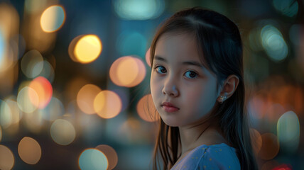 A portrait of a young girl with an innocent expression against a blurred background of city lights.
