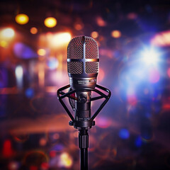 microphone in a studio with spot lights on background Job ID: 2e61e97a-2ba0-4e24-b6af-1b63883c19fc