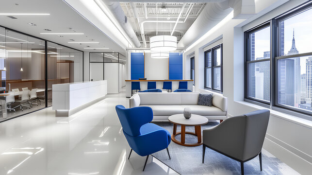 A contemporary open space office bathed in bright white and blue tones, featuring modern furnishings that contribute to an upscale and dynamic work environment.