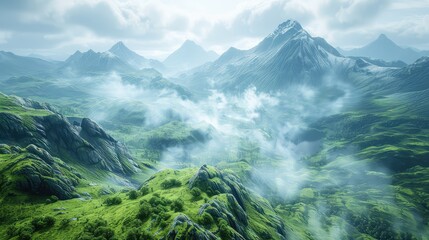 Vast expanses of lush greenery and rugged mountains shrouded in mist, creating an ethereal and enchanting atmosphere