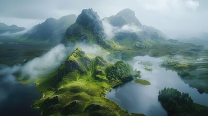 Vast expanses of lush greenery and rugged mountains shrouded in mist, creating an ethereal and enchanting atmosphere - obrazy, fototapety, plakaty