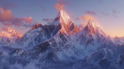 Towering snow-capped mountains reaching towards the sky, casting dramatic shadows as the sun sets behind them. The rugged terrain and pristine snow