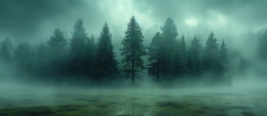 Panoramic view of a mysterious dark forest in a fog.