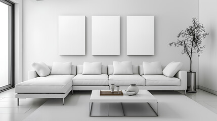 A contemporary white living room featuring a comfortable sectional sofa, a trendy coffee table, and blank canvases on the wall, awaiting your personal touch.