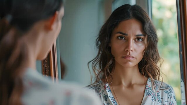 A woman stands in front of a mirror looking at her reflection with a doubtful expression, female Contemplating Her Reflection in the Mirror