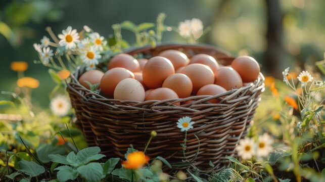 Easter eggs in a basket with daisies on the background