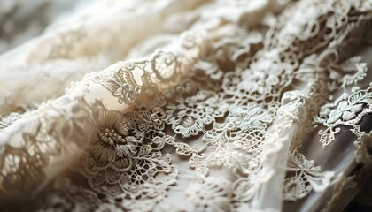a close up of a white lace on a piece of cloth - obrazy, fototapety, plakaty