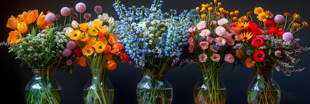 beautiful flowers are in a row 3d image