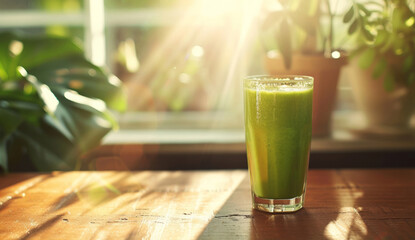 A green smoothie in a glass is placed on a wooden table by a window, where sunrays shine upon it, showcasing tilt shift aesthetics and recycled materials. - obrazy, fototapety, plakaty