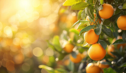 Citrus trees, with oranges hanging in the sun, are presented against a sunset background,...