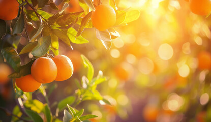 Citrus trees, with oranges hanging in the sun, are presented against a sunset background,...