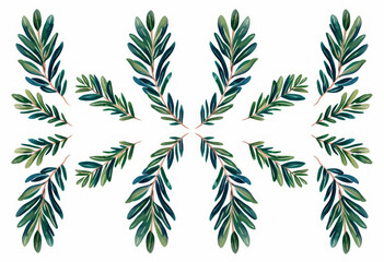Juniper leaves are presented on a white background, showcasing reefwave aesthetics, symmetry, and ornamental design. - obrazy, fototapety, plakaty
