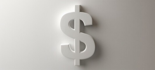 A dollar sign, shaped in white, is presented on a grey wall, showcasing back button focus, circular abstraction, minimal sculpture, and a white background.