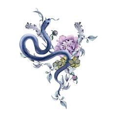 Obraz premium Gothic floral botanical Illustration with snake and flowers hand drawn. Watercolor pink peony and hellebore isolated on white. Floral decoration for black wedding. For invitation, Valentine card
