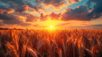 Rural landscape with wheat field on sunset summer with a cloudy sky background.