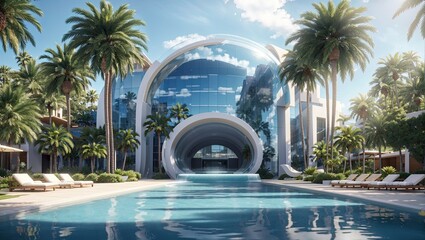 a pool surrounded by palm trees next to a building