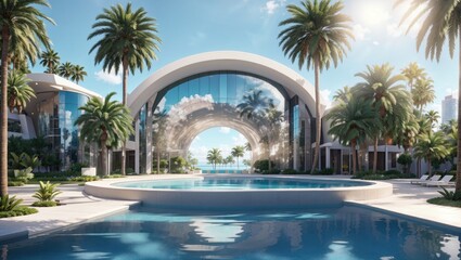 Obraz na płótnie Canvas a pool surrounded by palm trees next to a building