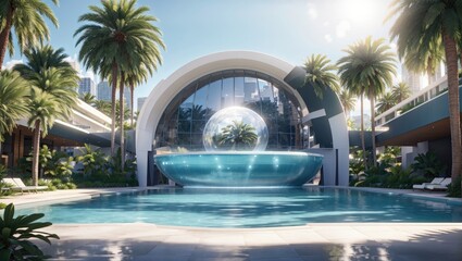 Obraz na płótnie Canvas a pool surrounded by palm trees next to a building