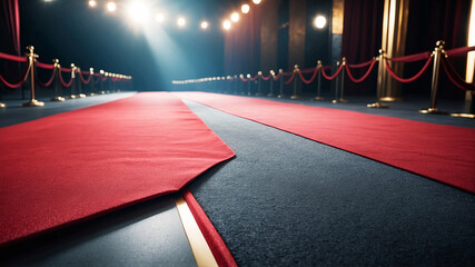 Red carpet rolling out in front of glamorous movie premiere background