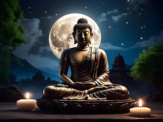Buddha Statue Bathed in Moonlight, A moonlight night with a Buddha statue bathed in soft moonlight, Peaceful, Calm your mind