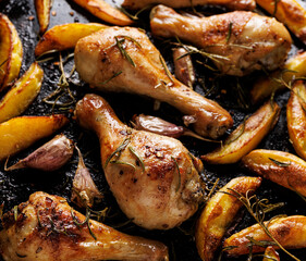 Roasted chicken legs, drumsticks and potatoes wedge with rosemary and garlic on a dark background, close up view